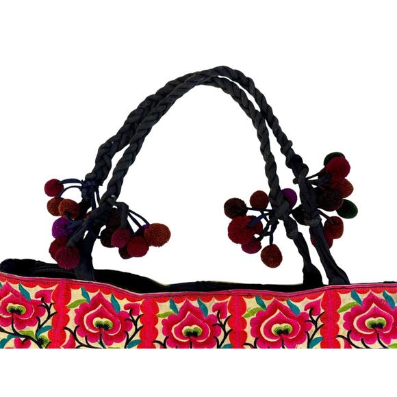 Authentic Vintage Y2K Mexican Floral Embroidered Handmade Shoulder Pom Pom Purse - Picture 5 of 13
